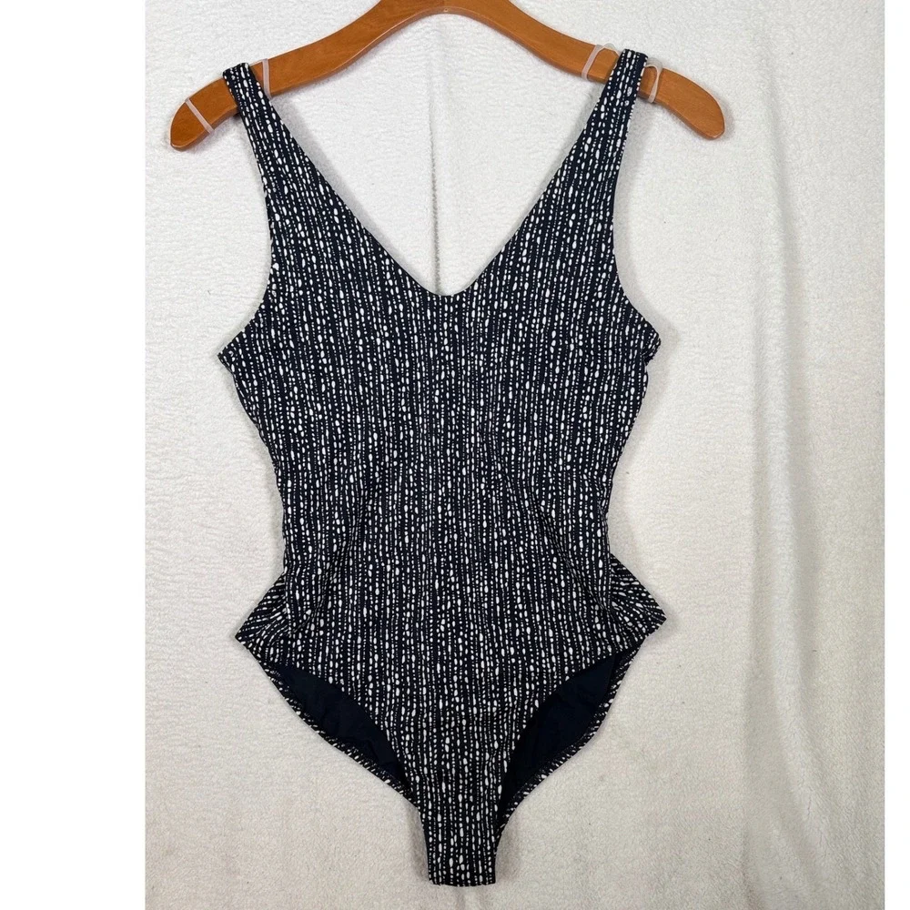 Athleta‎ Seychelles One Piece Swimsuit Black White Dotted V-Neck Women Large